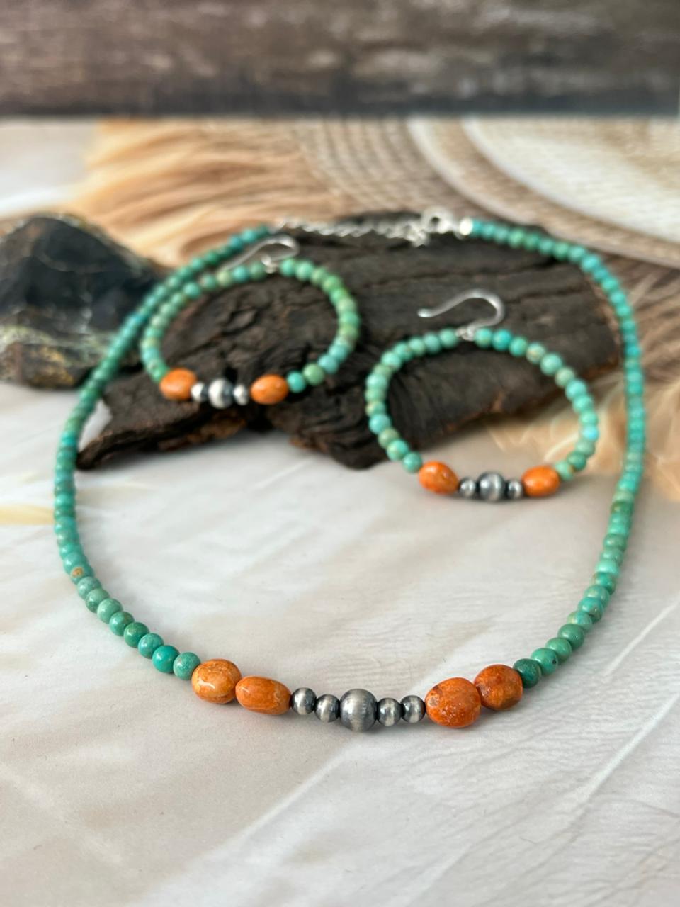 Handmade Sterling Silver Kingman Turquoise with Orange Mojave Beaded Necklace Earrings Set "Signed Nizhoni"