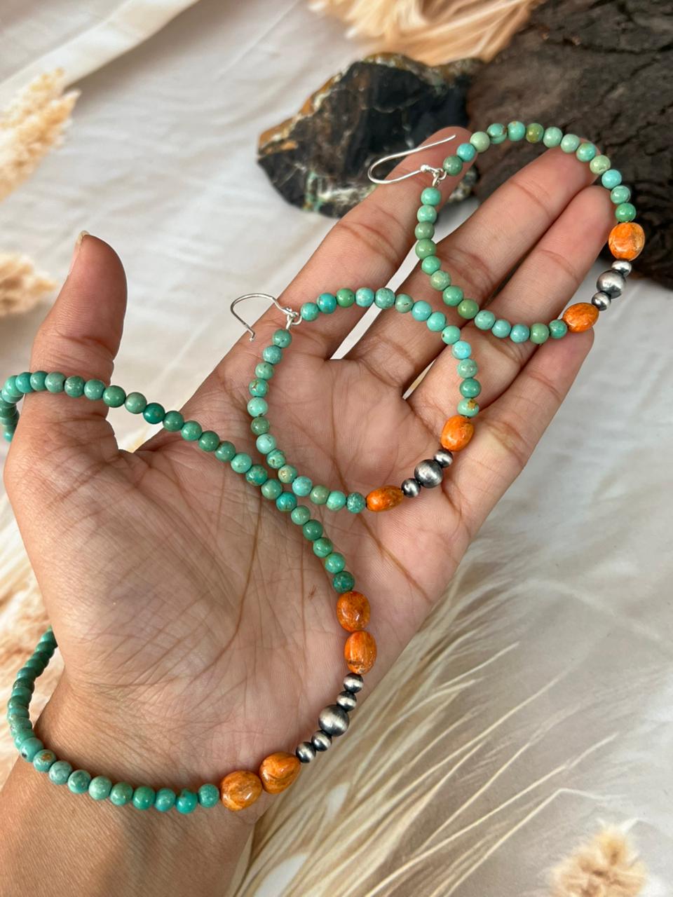 Handmade Sterling Silver Kingman Turquoise with Orange Mojave Beaded Necklace Earrings Set "Signed Nizhoni"
