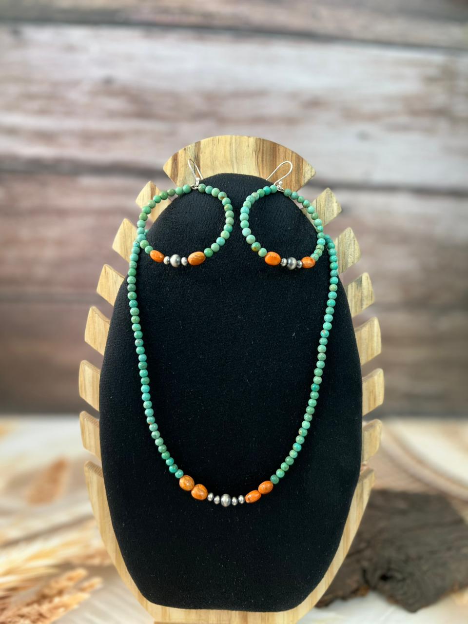 Handmade Sterling Silver Kingman Turquoise with Orange Mojave Beaded Necklace Earrings Set "Signed Nizhoni"