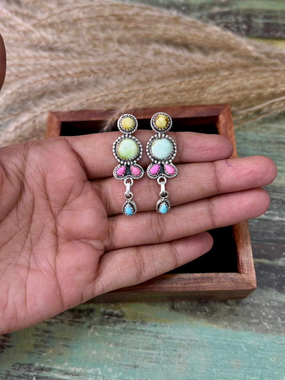 Handmade Sterling Silver Palomino Turquoise with Cotton Candy Post Dangle Earrings "Signed Nizhoni"