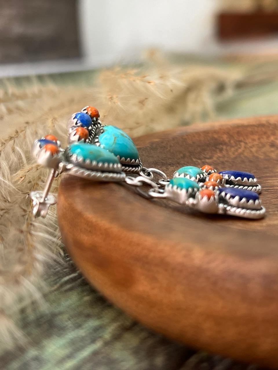Handmade Sterling Silver Kingman Turquoise with Lapis and Coral Post Dangle Earrings "Signed Nizhoni"