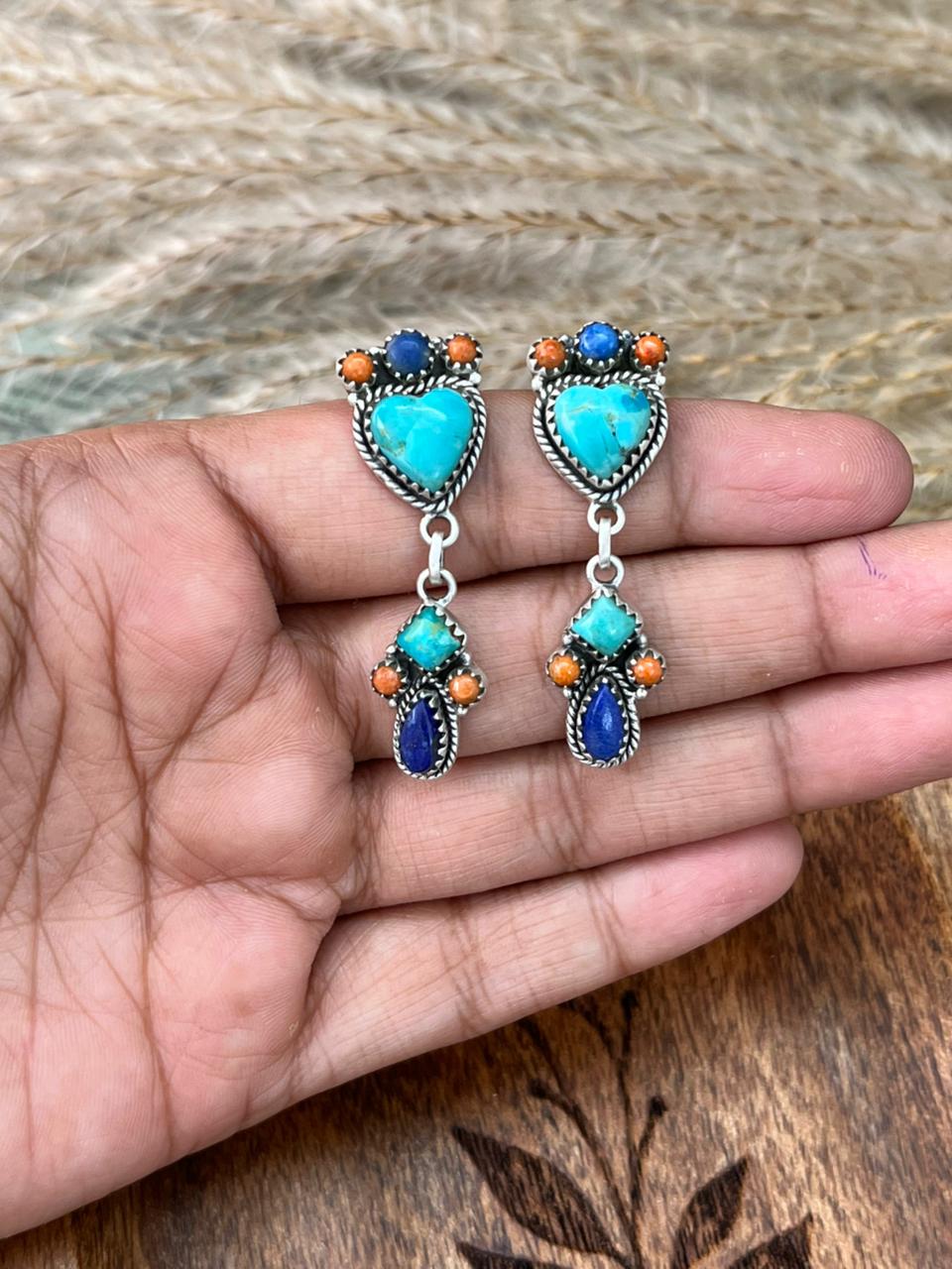 Handmade Sterling Silver Kingman Turquoise with Lapis and Coral Post Dangle Earrings "Signed Nizhoni"