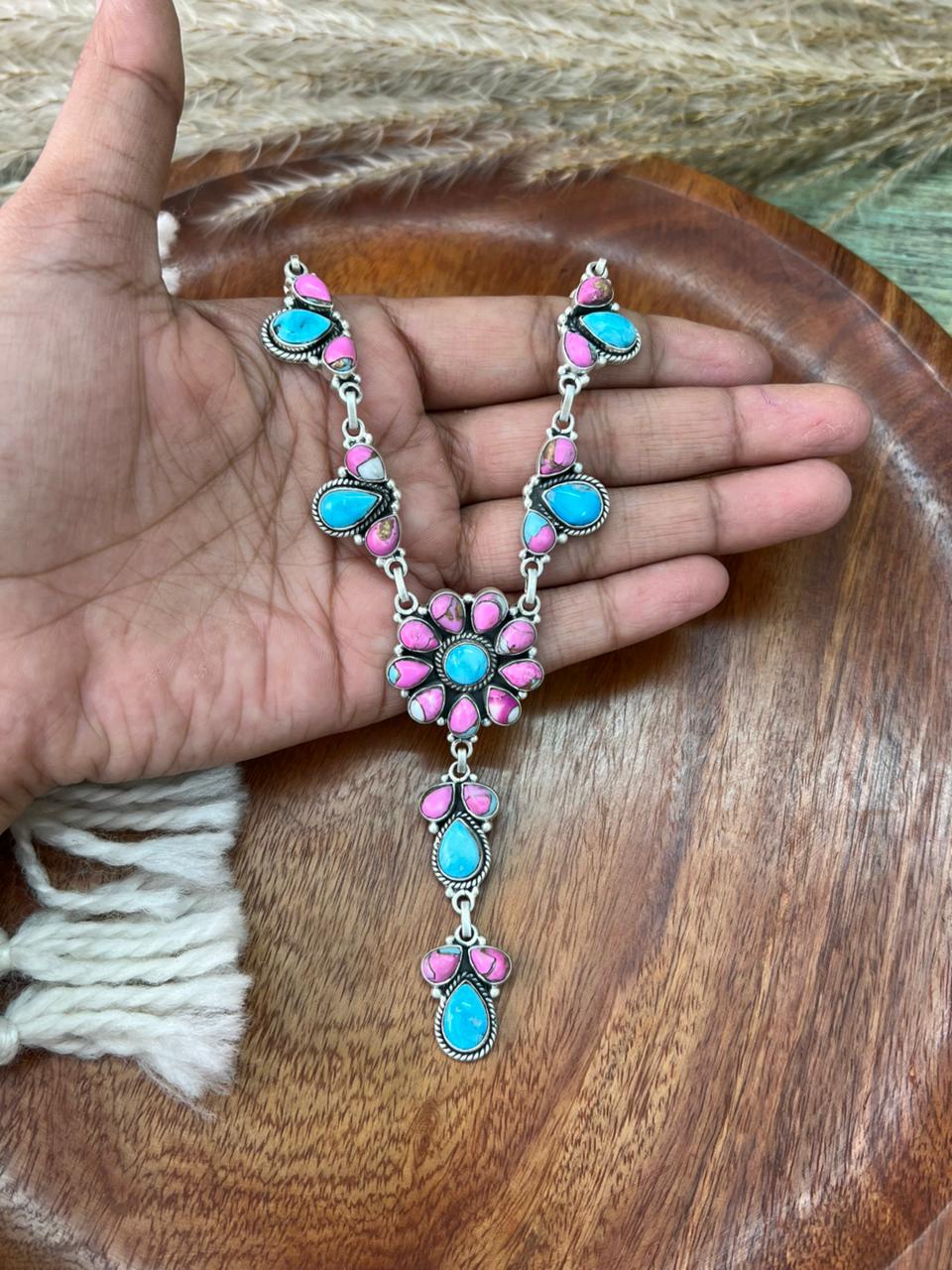 Handmade Sterling Silver Sierra Bella Turquoise with Cotton Candy Necklace "Signed Nizhoni"
