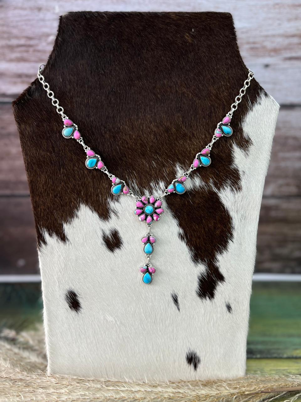 Handmade Sterling Silver Sierra Bella Turquoise with Cotton Candy Necklace "Signed Nizhoni"