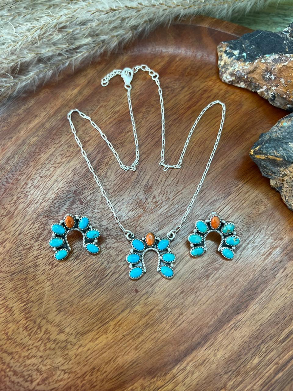 Handmade Sterling Silver Kingman Turquoise with Orange Mojave Necklace Earrings Set "Signed Nizhoni"