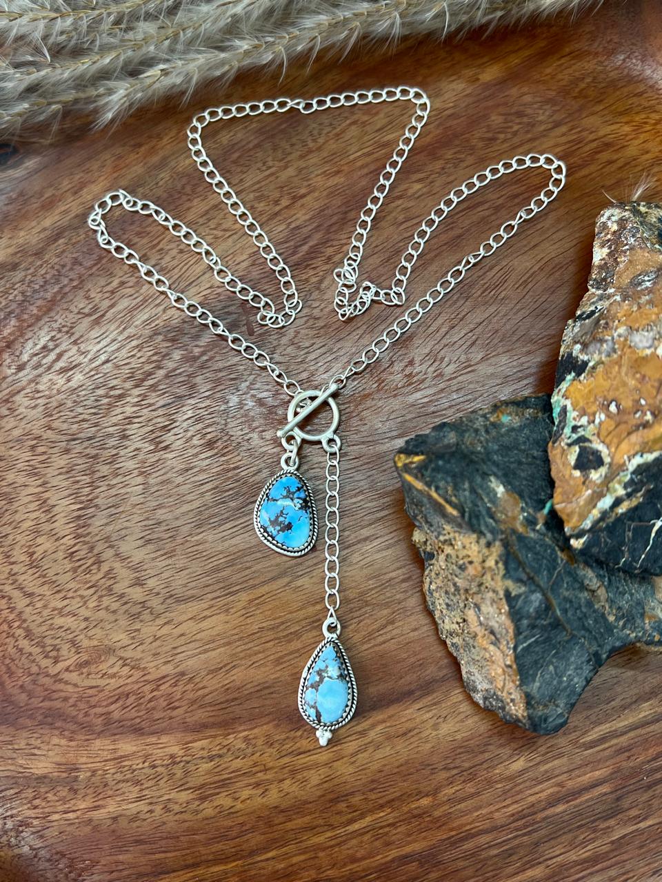 Handmade Sterling Silver Golden Hills Turquoise Lariat Necklace "Signed Nizhoni"