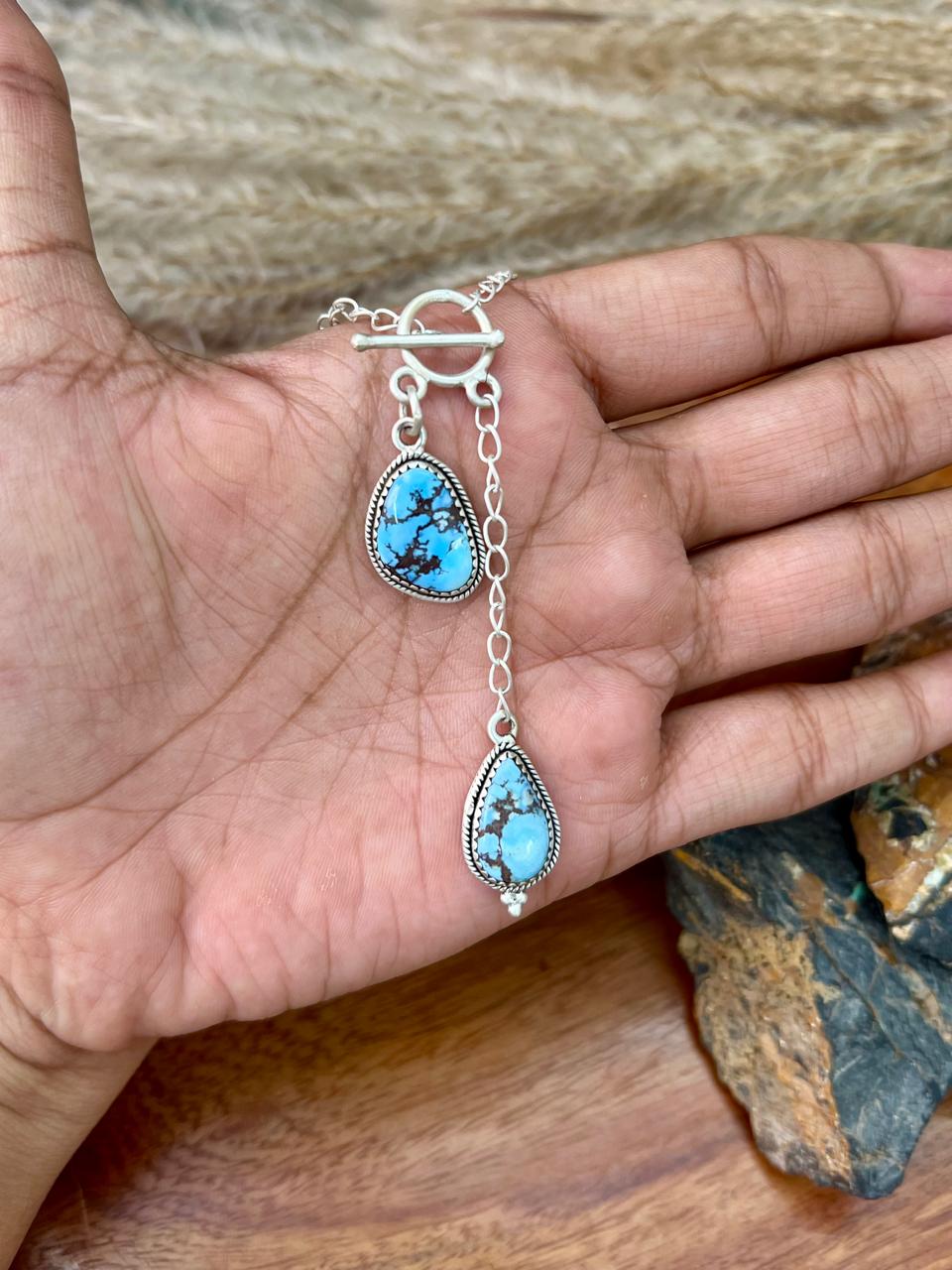 Handmade Sterling Silver Golden Hills Turquoise Lariat Necklace "Signed Nizhoni"
