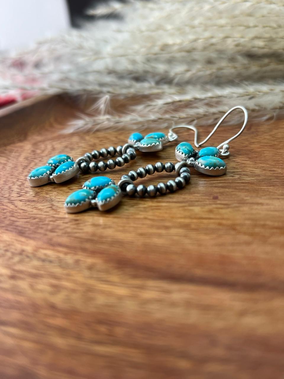 Handmade Sterling Silver Kingman Turquoise Hook Dangle Beaded Earrings "Signed Nizhoni"