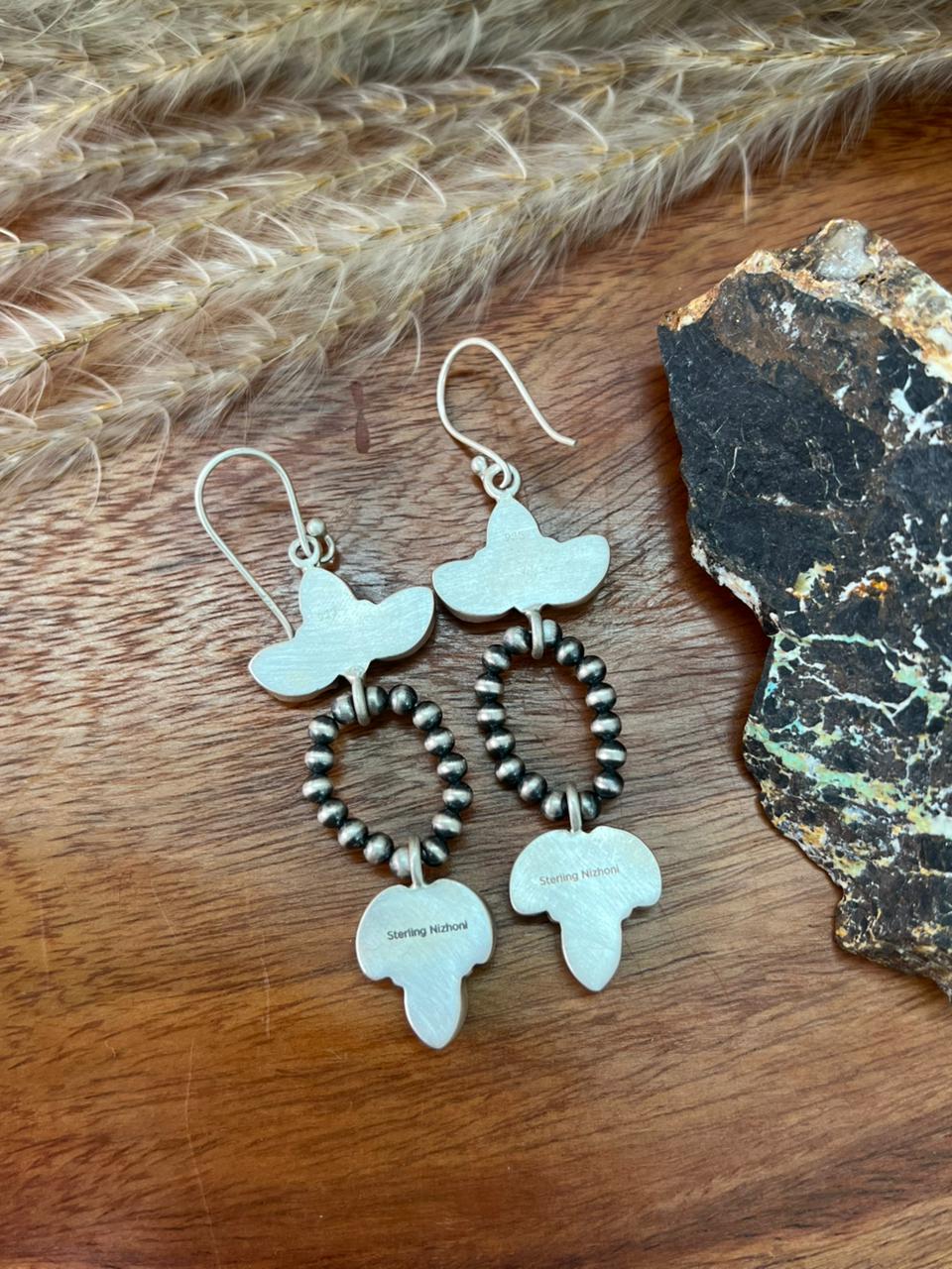 Handmade Sterling Silver Kingman Turquoise Hook Dangle Beaded Earrings "Signed Nizhoni"