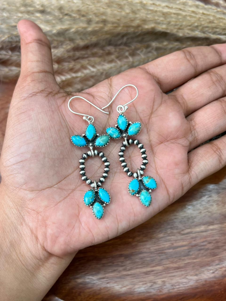 Handmade Sterling Silver Kingman Turquoise Hook Dangle Beaded Earrings "Signed Nizhoni"