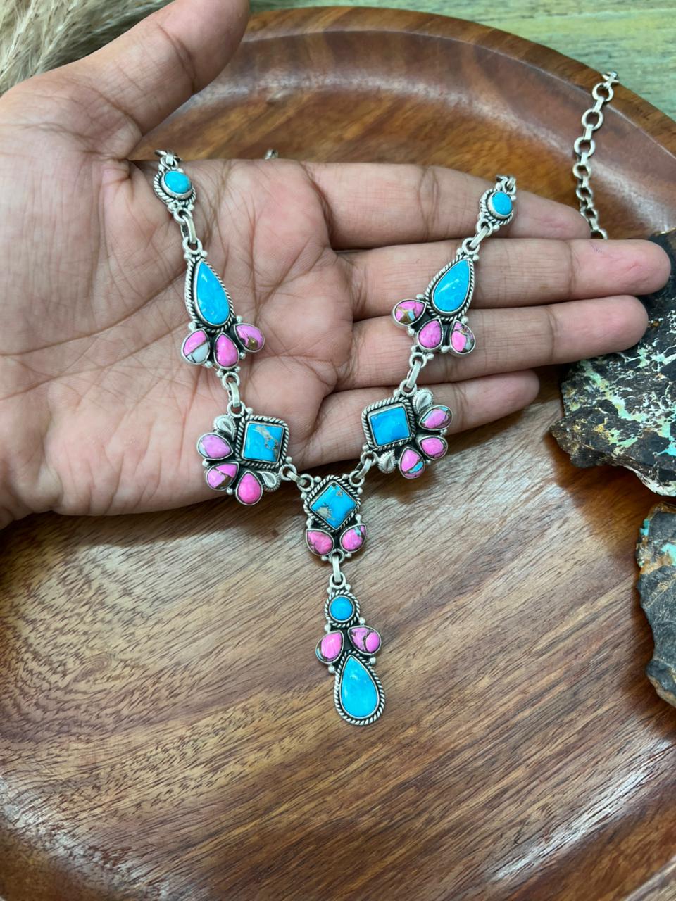 Handmade Sterling Silver Sierra Bella Turquoise with Cotton Candy Necklace "Signed Nizhoni"