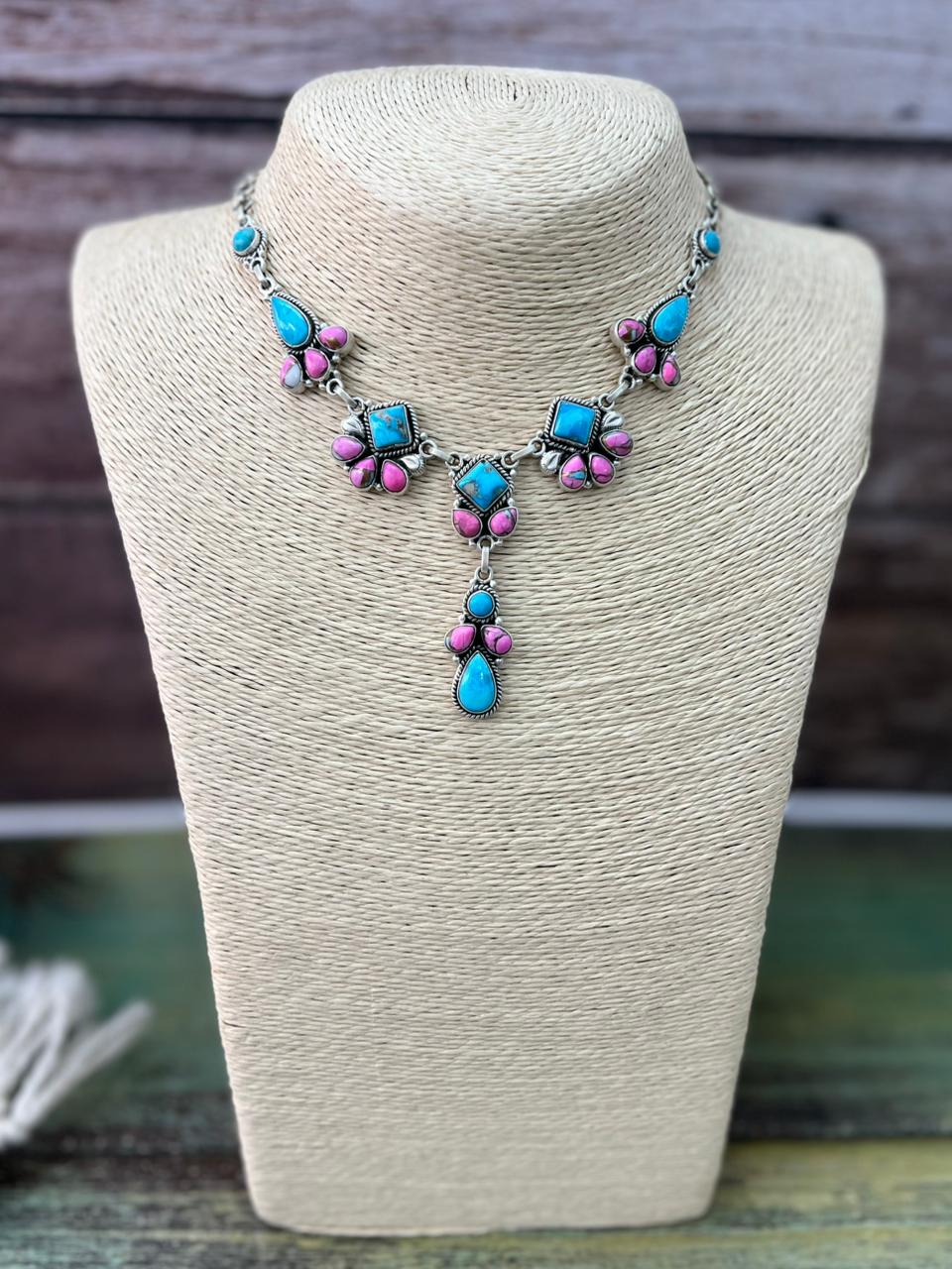 Handmade Sterling Silver Sierra Bella Turquoise with Cotton Candy Necklace "Signed Nizhoni"