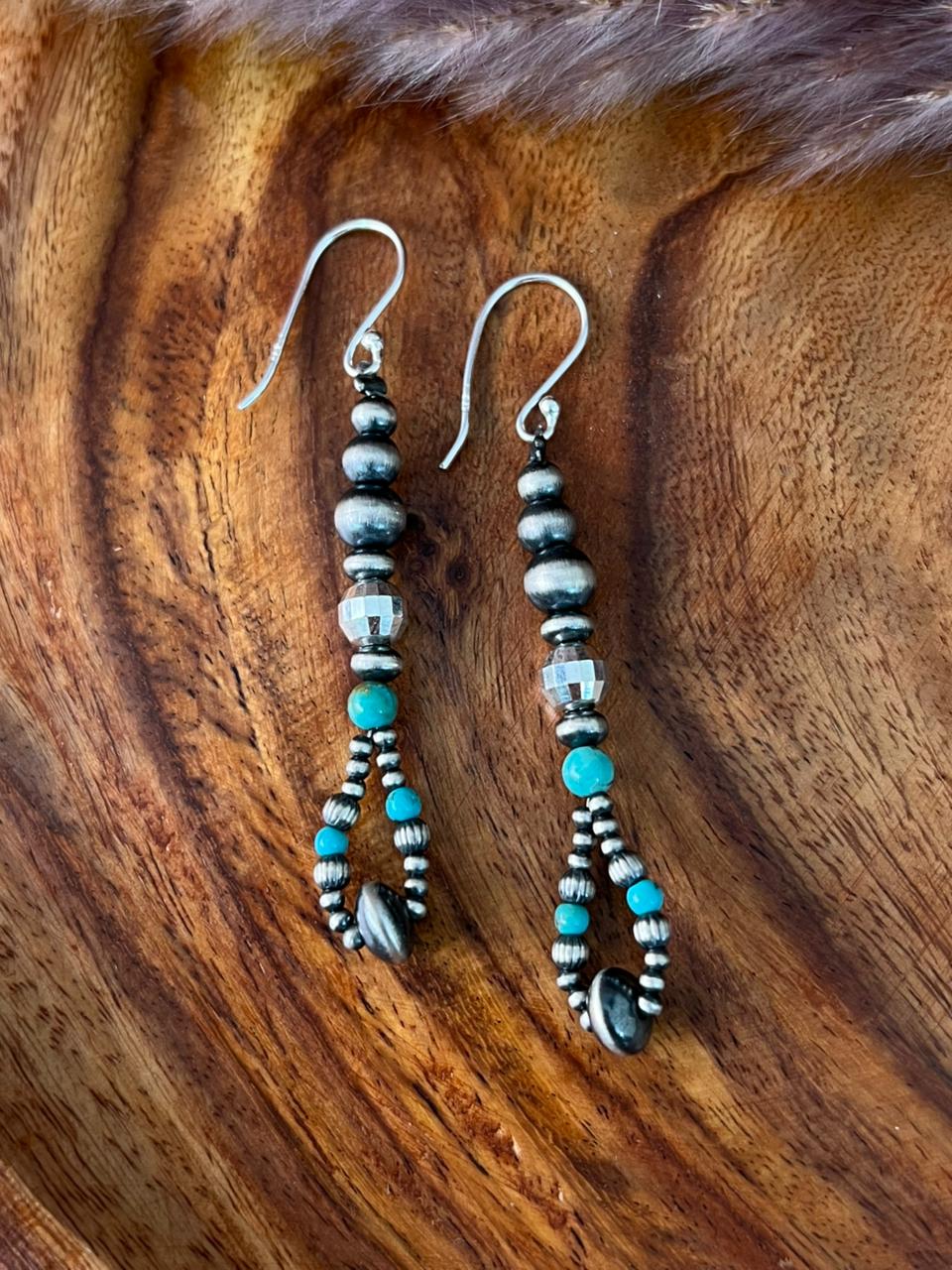 Handmade Sterling Silver Kingman Turquoise Hook Dangle Disco Beaded Earrings