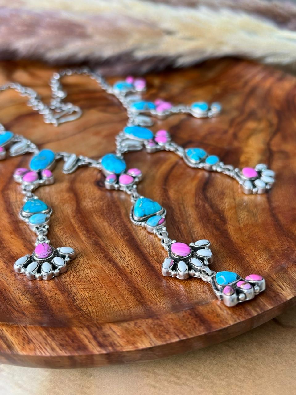 Handmade Sterling Silver Sierra Bella Turquoise with Cotton Candy Collection: Necklace "Signed Nizhoni"