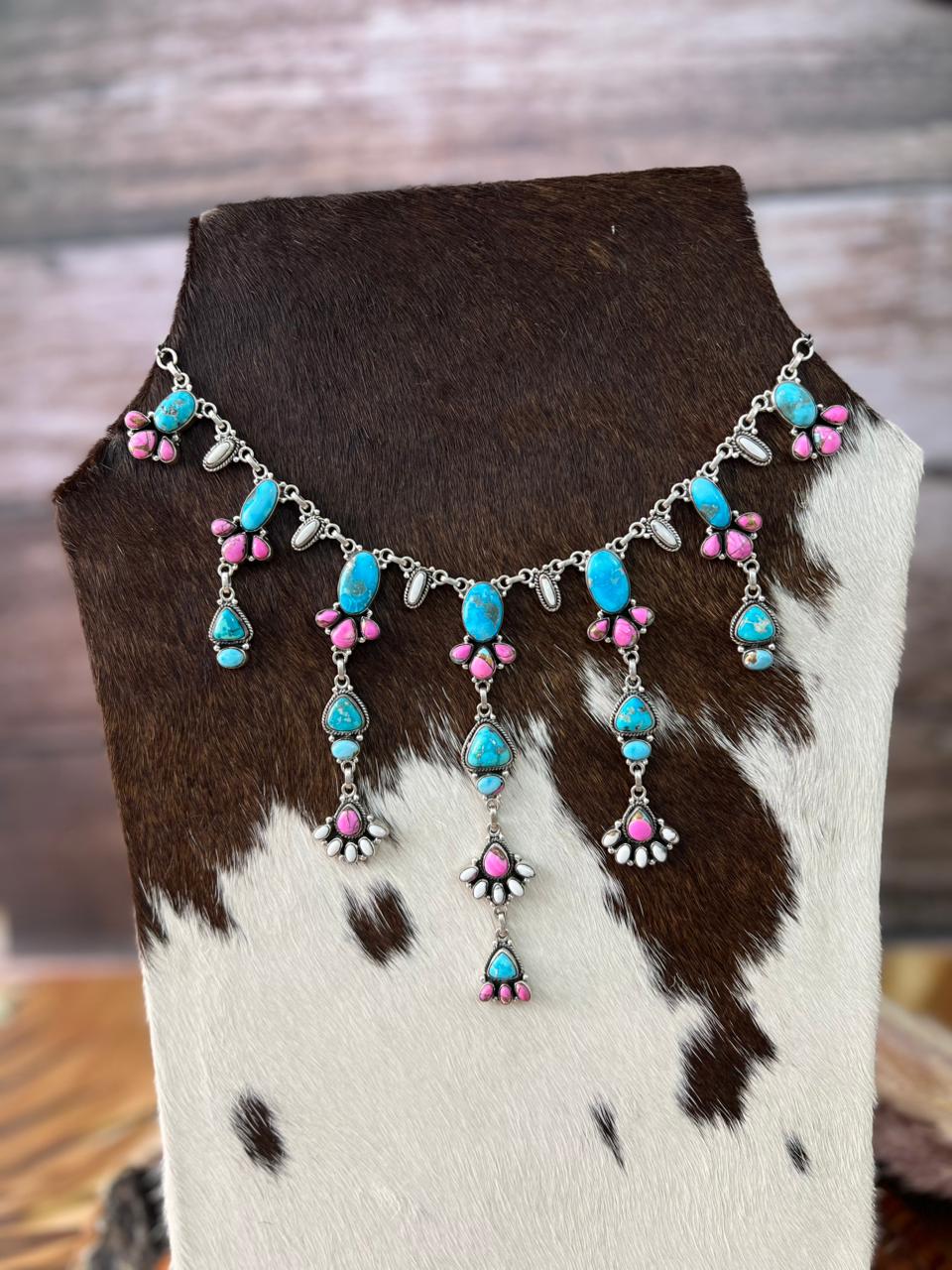 Handmade Sterling Silver Sierra Bella Turquoise with Cotton Candy Collection: Necklace "Signed Nizhoni"