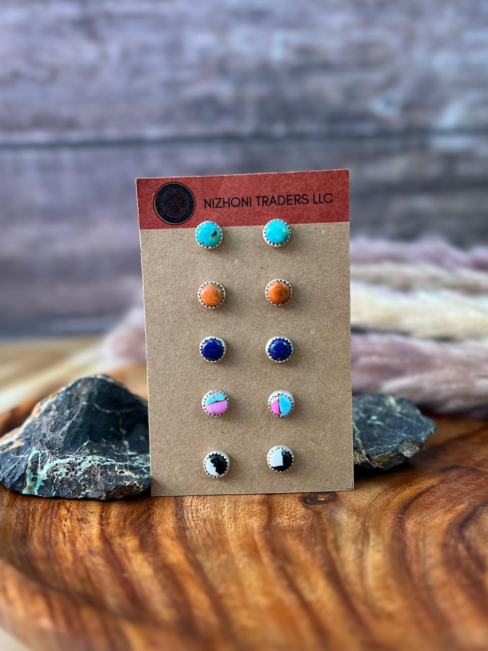 Handmade Sterling Silver Kingman Turquoise, Orange Mojave, Lapis, Cotton Candy, White Buffalo Post Studs Earrings Card Set