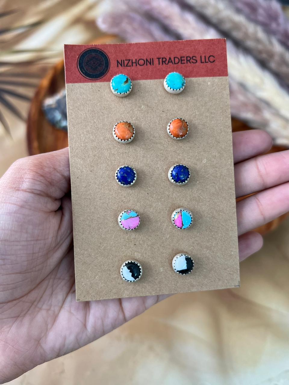 Handmade Sterling Silver Kingman Turquoise, Orange Mojave, Lapis, Cotton Candy, White Buffalo Post Studs Earrings Card Set