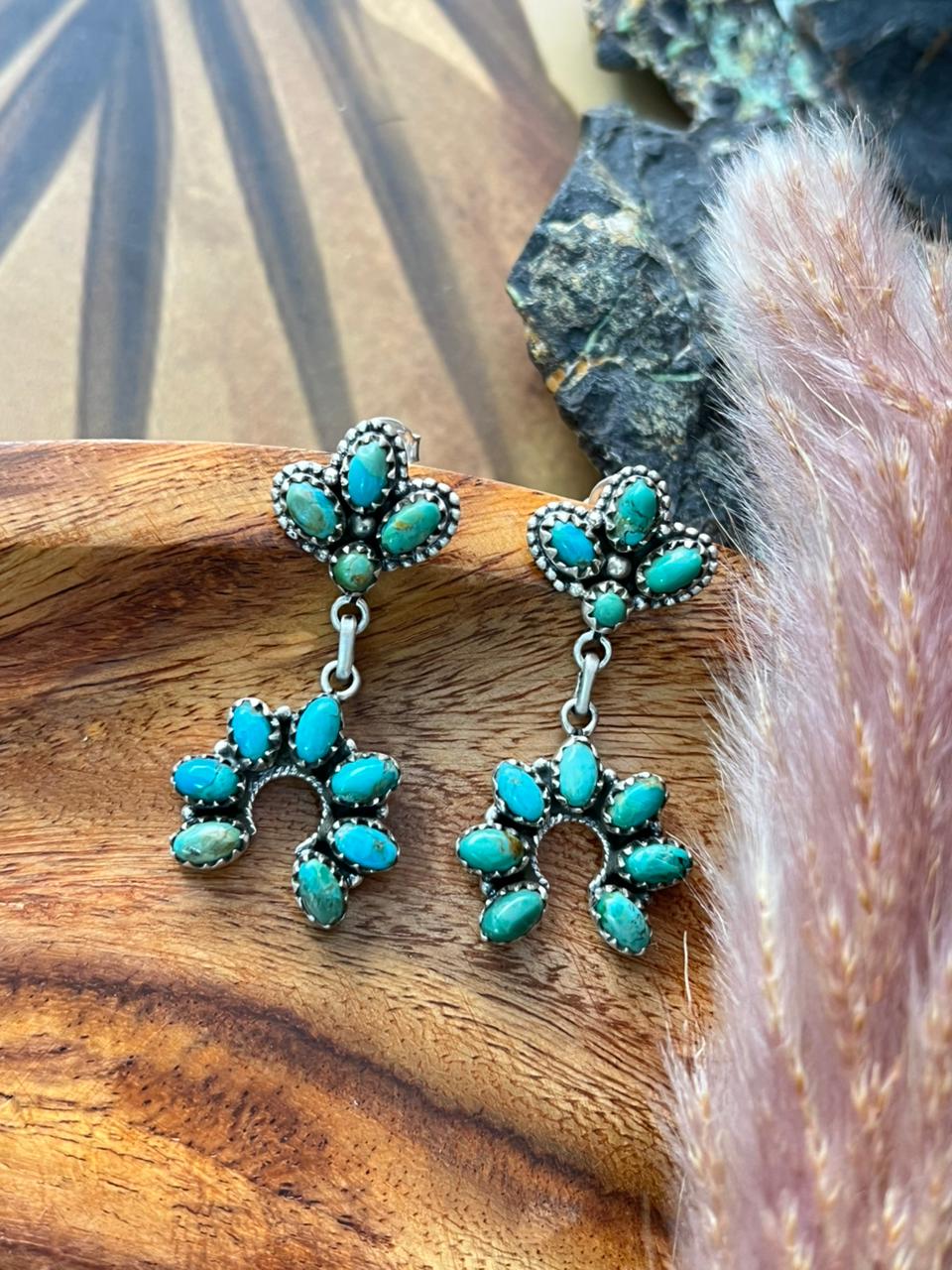 Handmade Sterling Silver Kingman Turquoise Post Dangle Naja Earrings "Signed Nizhoni"