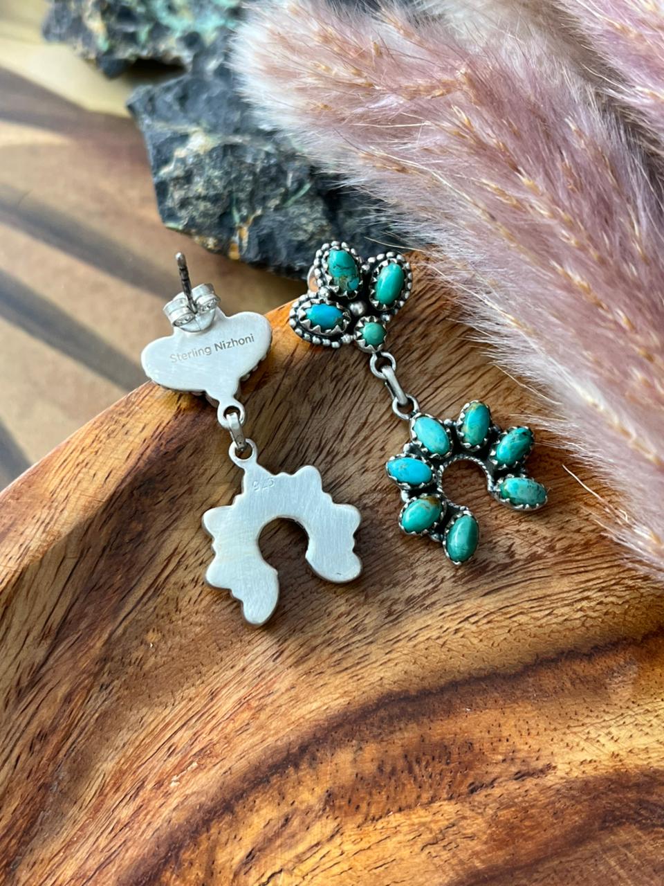 Handmade Sterling Silver Kingman Turquoise Post Dangle Naja Earrings "Signed Nizhoni"