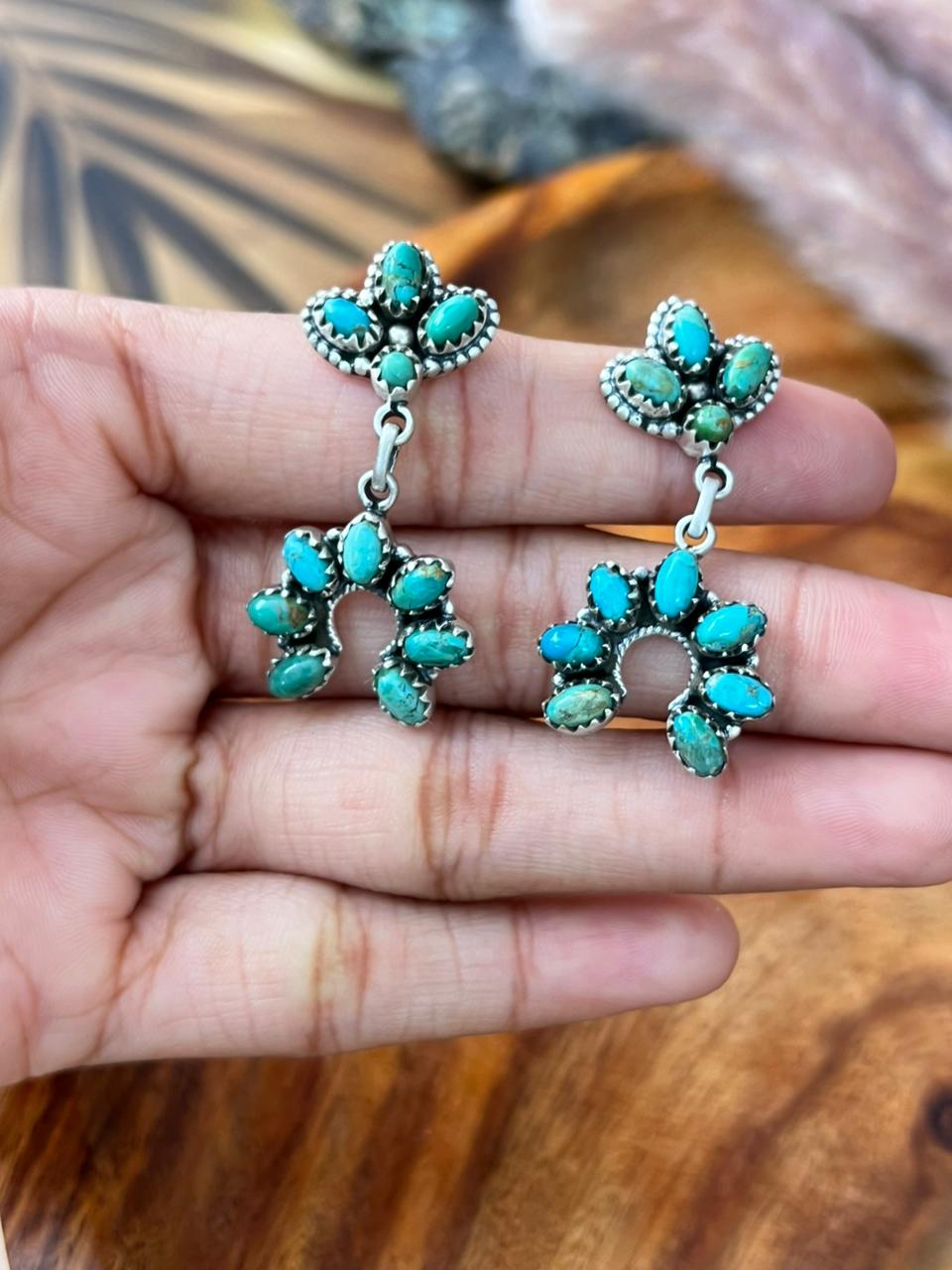 Handmade Sterling Silver Kingman Turquoise Post Dangle Naja Earrings "Signed Nizhoni"