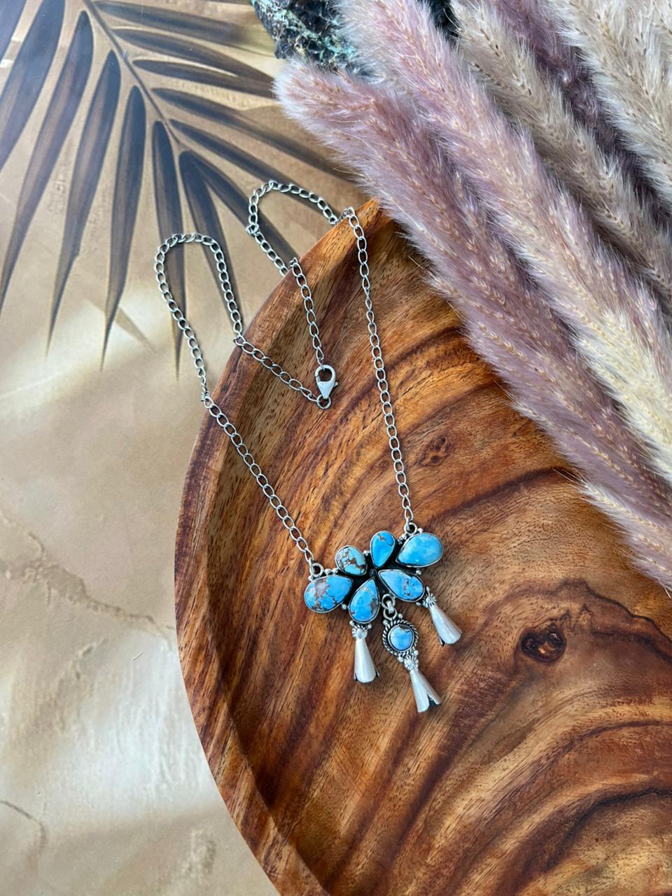 Handmade Sterling Silver Golden Hills Turquoise Squash Blossom Necklace "Signed Nizhoni"