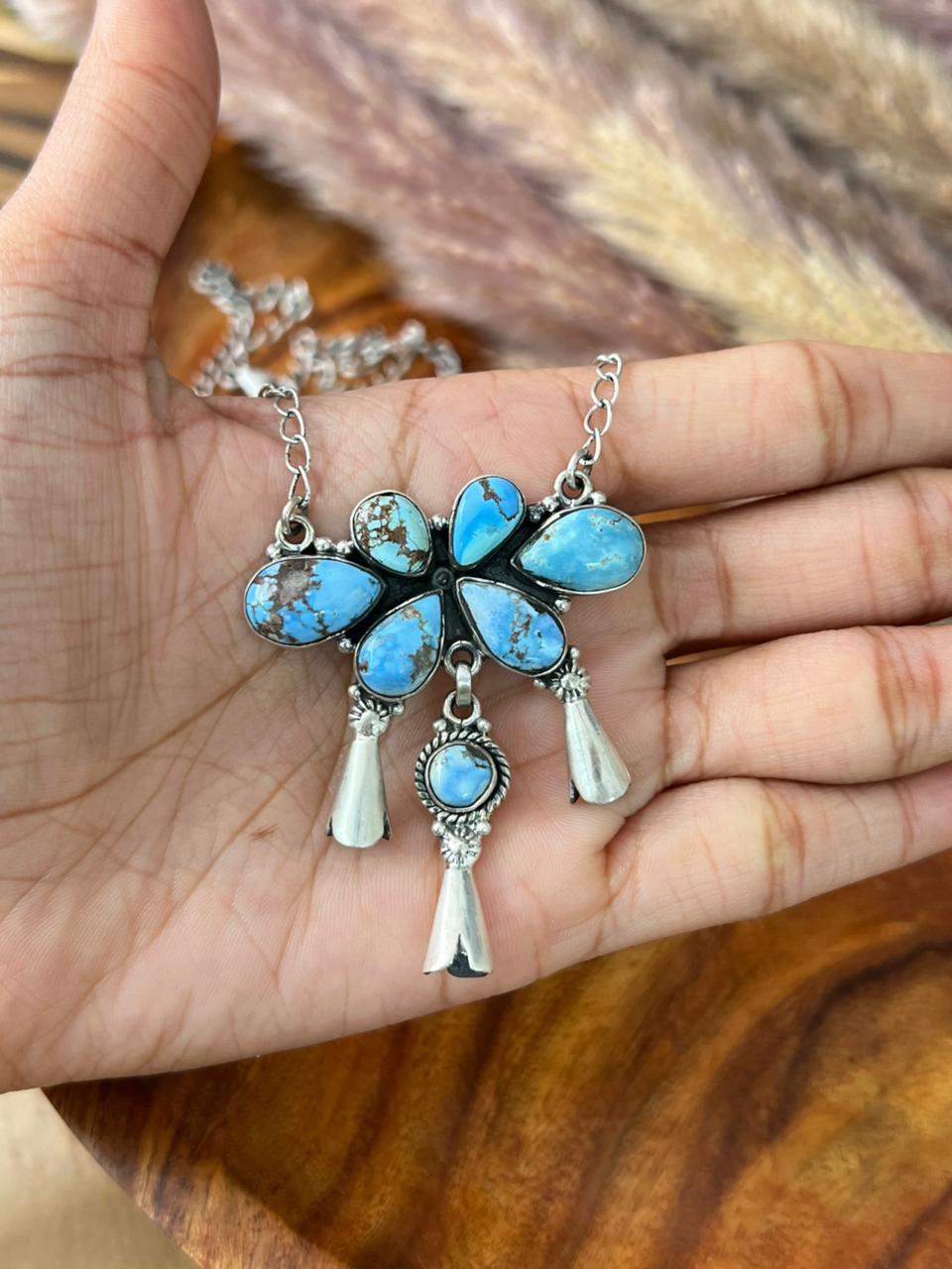 Handmade Sterling Silver Golden Hills Turquoise Squash Blossom Necklace "Signed Nizhoni"
