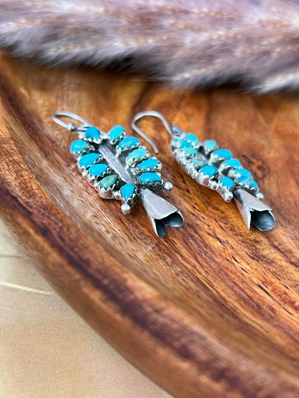 Handmade Sterling Silver Kingman Turquoise Hook Dangle Squash Blossom Earrings "Signed Nizhoni"