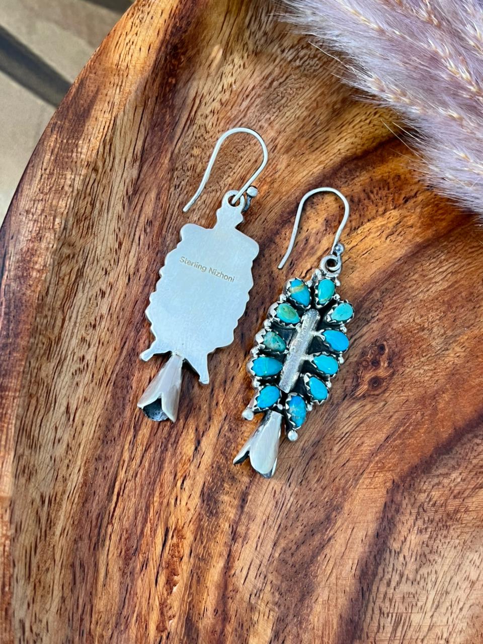 Handmade Sterling Silver Kingman Turquoise Hook Dangle Squash Blossom Earrings "Signed Nizhoni"