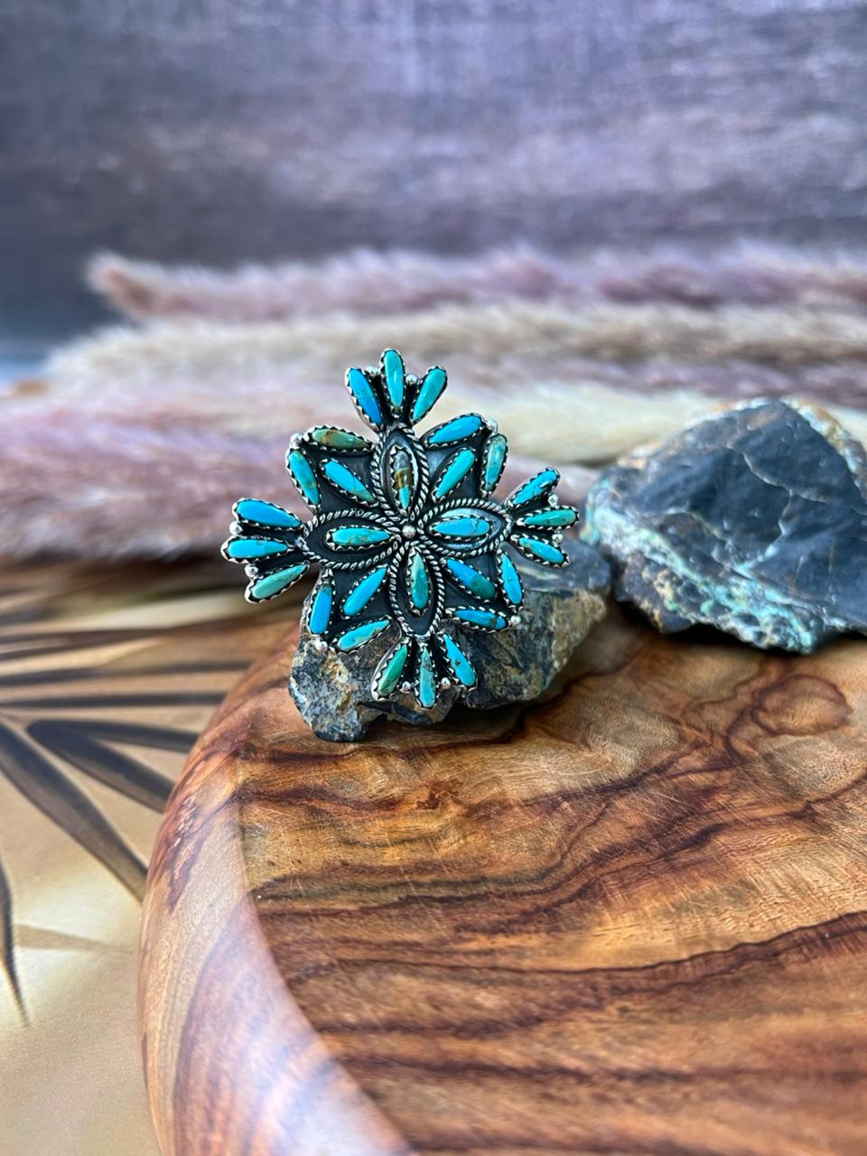 Handmade Sterling Silver Kingman Turquoise Flower Adjustable Ring "Signed Nizhoni"