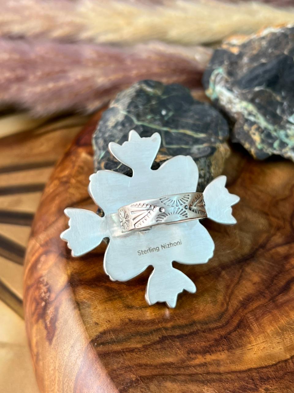Handmade Sterling Silver Kingman Turquoise Flower Adjustable Ring "Signed Nizhoni"