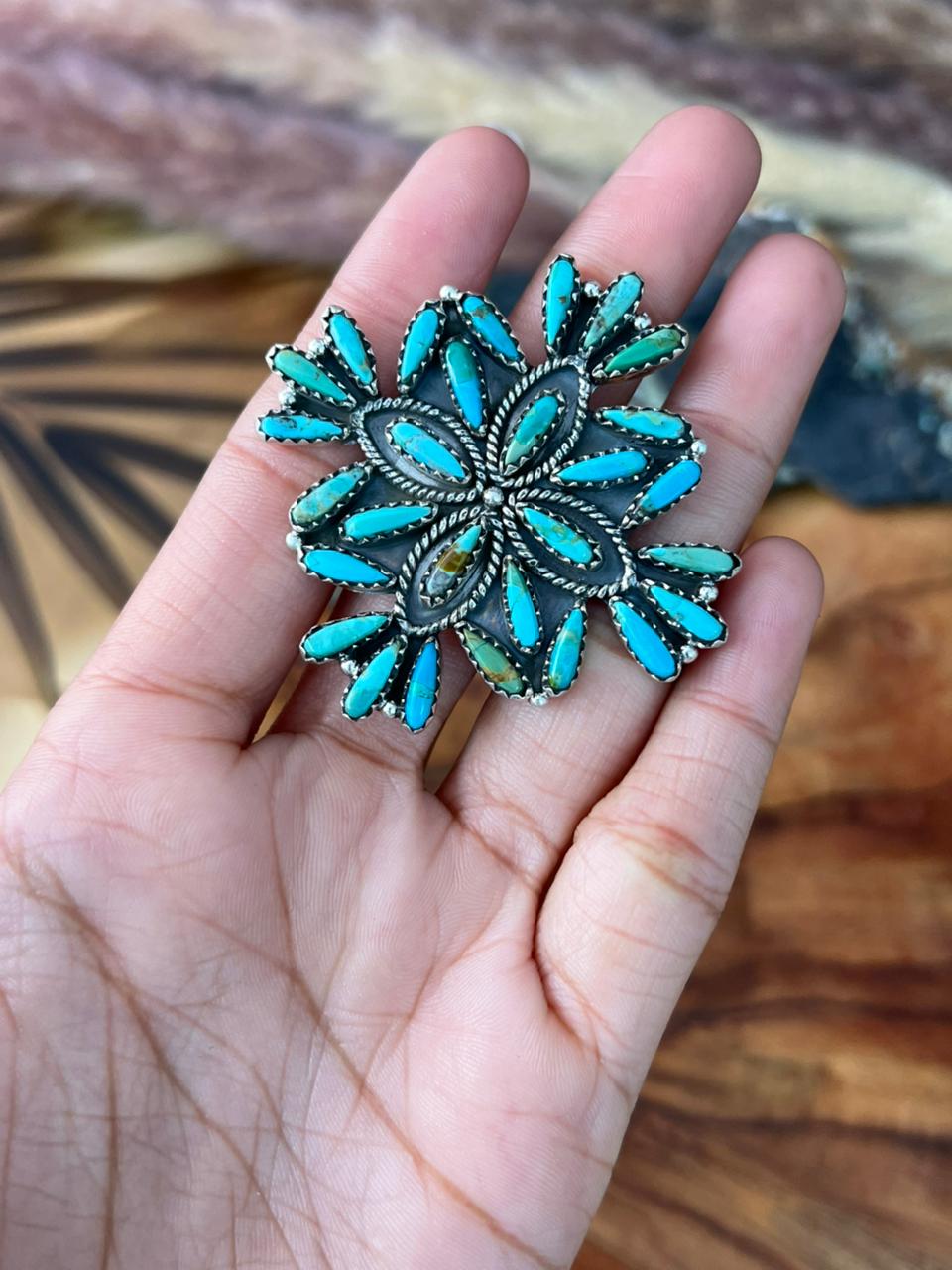 Handmade Sterling Silver Kingman Turquoise Flower Adjustable Ring "Signed Nizhoni"
