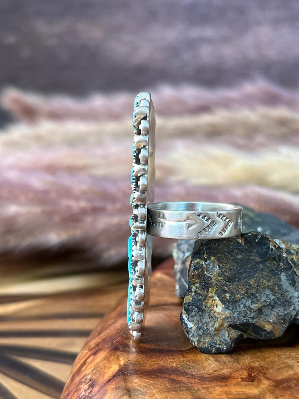 Handmade Sterling Silver Kingman Turquoise Adjustable Ring "Signed Nizhoni"