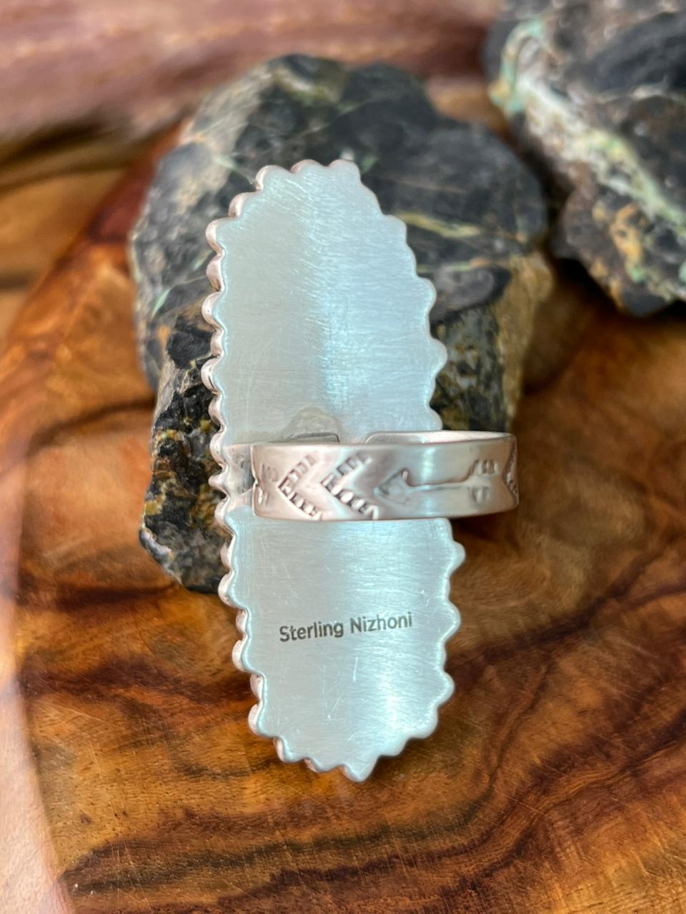 Handmade Sterling Silver Kingman Turquoise Adjustable Ring "Signed Nizhoni"