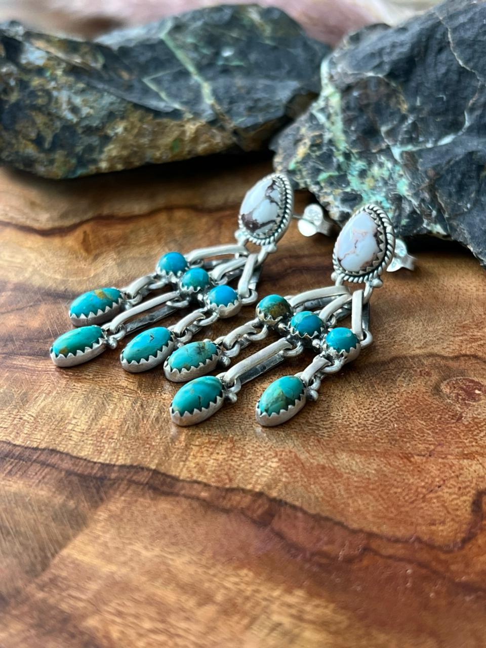 Handmade Sterling Silver Kingman Turquoise with Wildhorse Magnesite Post Dangle Earrings "Signed Nizhoni"