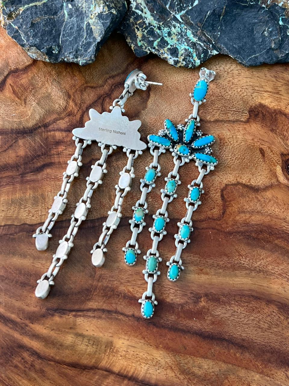 Handmade Sterling Silver Kingman Turquoise Post Dangle Earrings "Signed Nizhoni"