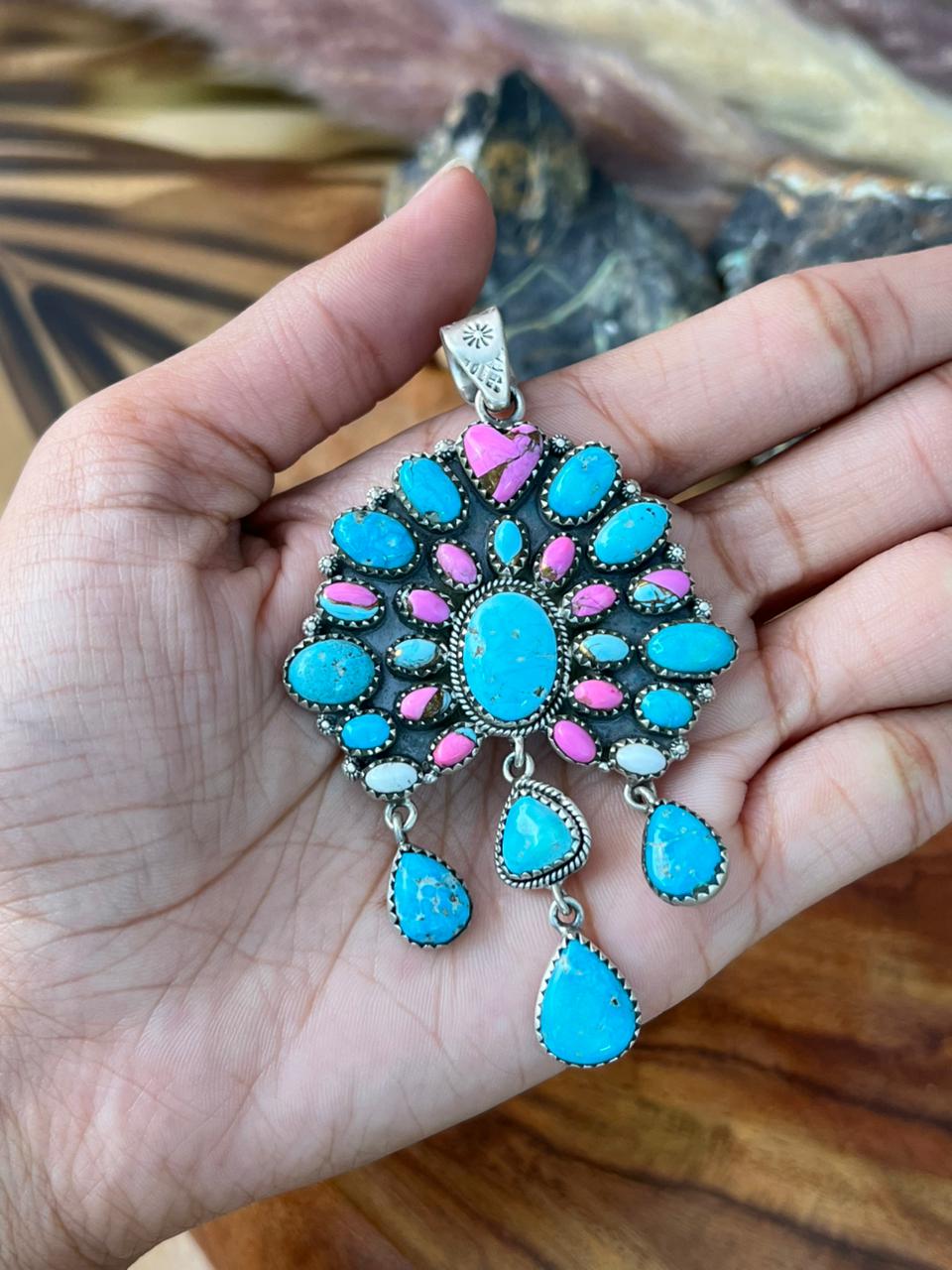 Handmade Sterling Silver Sierra Bella Turquoise with Cotton Candy Collection: Pendant "Signed Nizhoni"