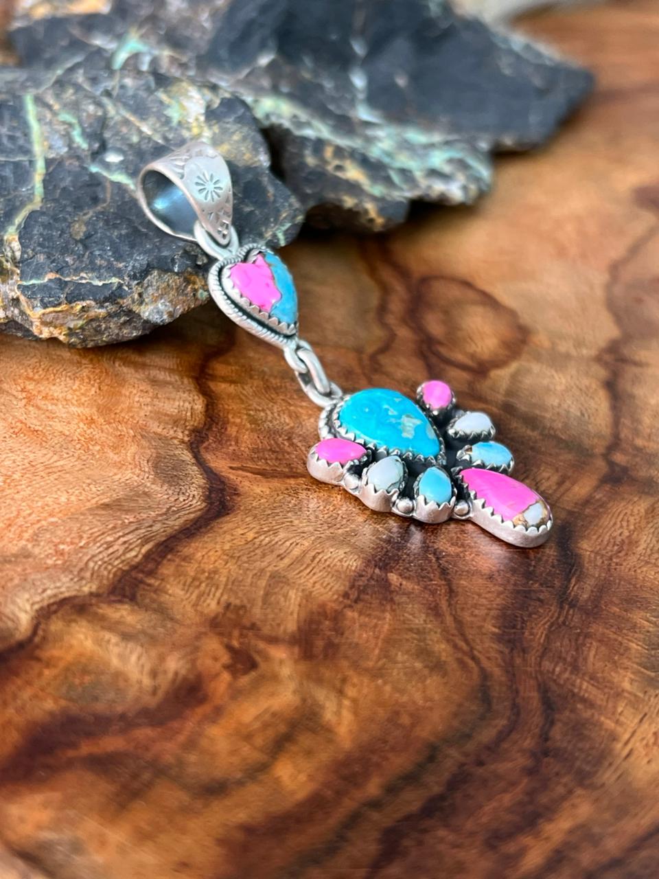 Handmade Sterling Silver Sierra Bella Turquoise with Cotton Candy Collection: Pendant "Signed Nizhoni"