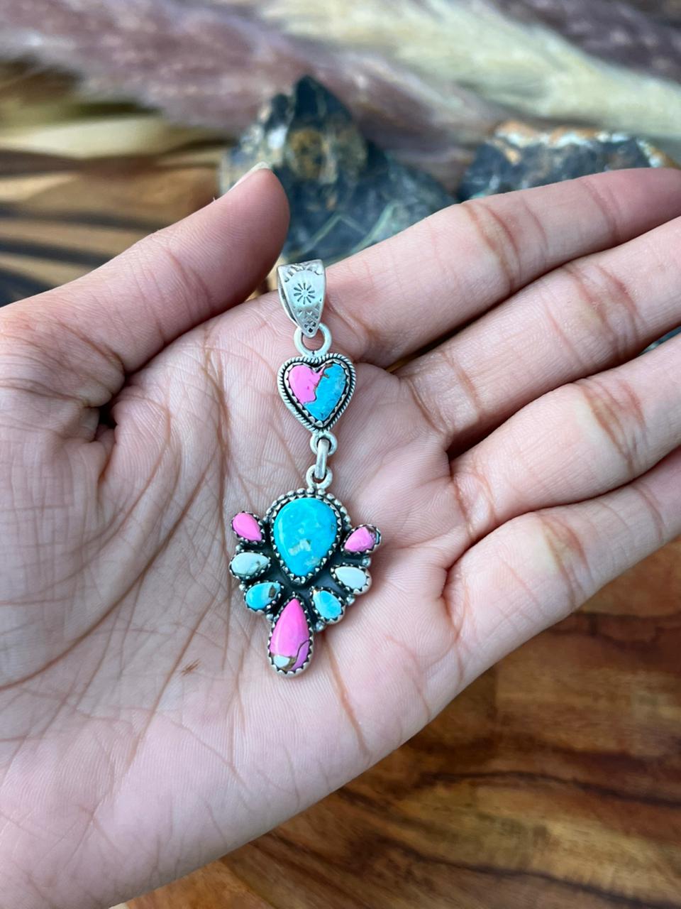 Handmade Sterling Silver Sierra Bella Turquoise with Cotton Candy Collection: Pendant "Signed Nizhoni"