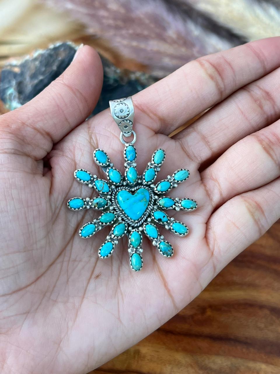 Handmade Sterling Silver Kingman Turquoise Heart Pendant "Signed Nizhoni"