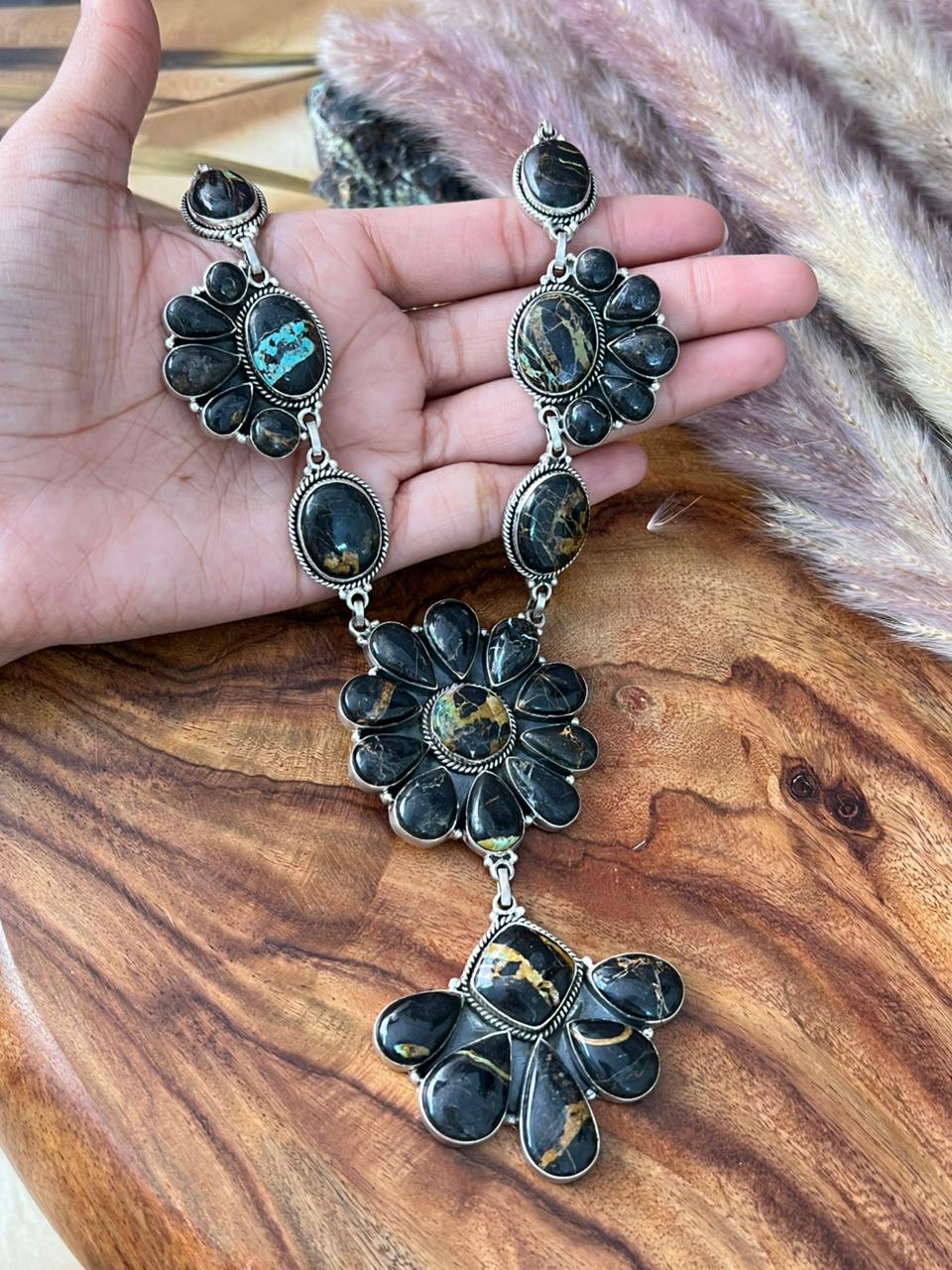 Handmade Sterling Silver Blackjack Turquoise Necklace "Signed Nizhoni"