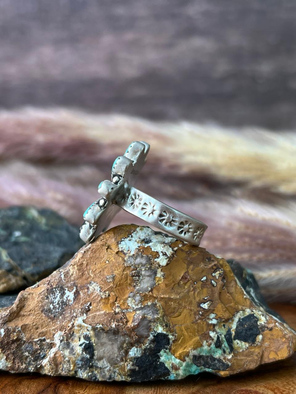 Handmade Sterling Silver Kingman Turquoise with White Buffalo Adjustable Ring "Signed Nizhoni"