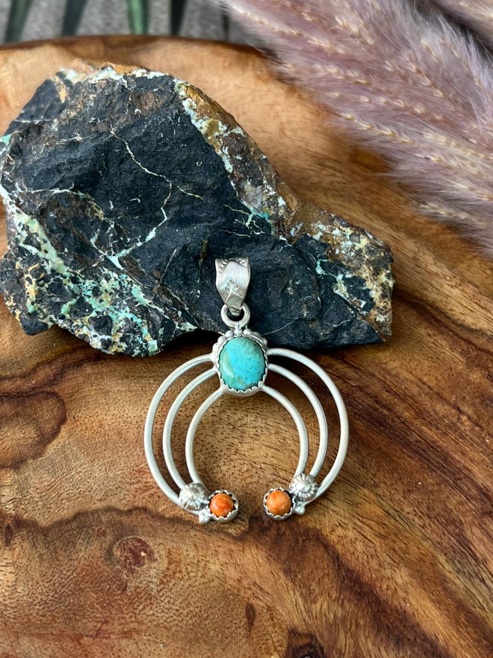 Handmade Sterling Silver Kingman Turquoise with Orange Mojave Pendant "Signed Nizhoni"