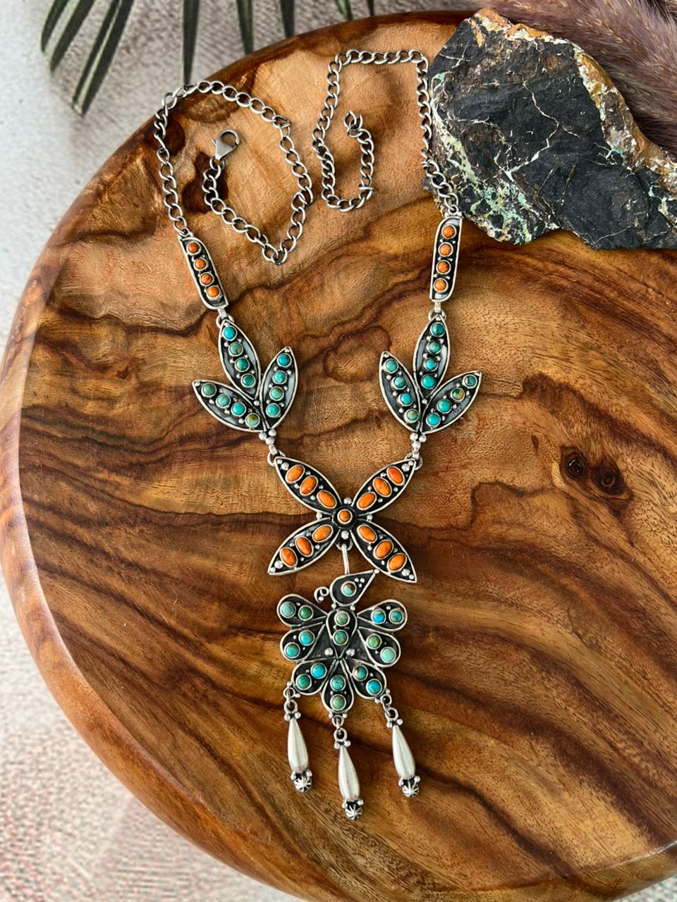 Handmade Sterling Silver Kingman Turquoise with Orange Mojave Necklace "Signed Nizhoni"