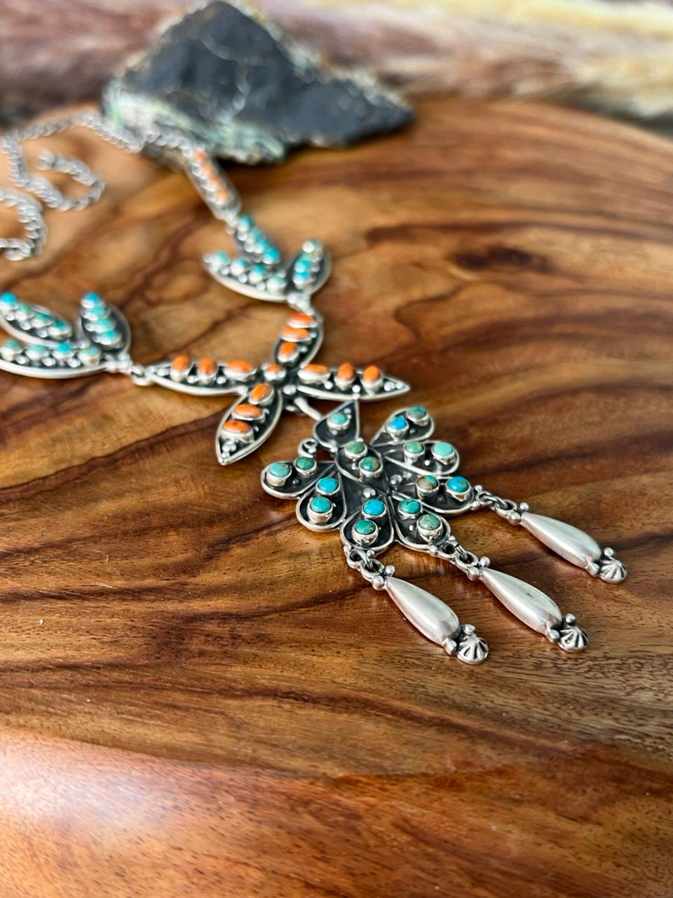 Handmade Sterling Silver Kingman Turquoise with Orange Mojave Necklace "Signed Nizhoni"