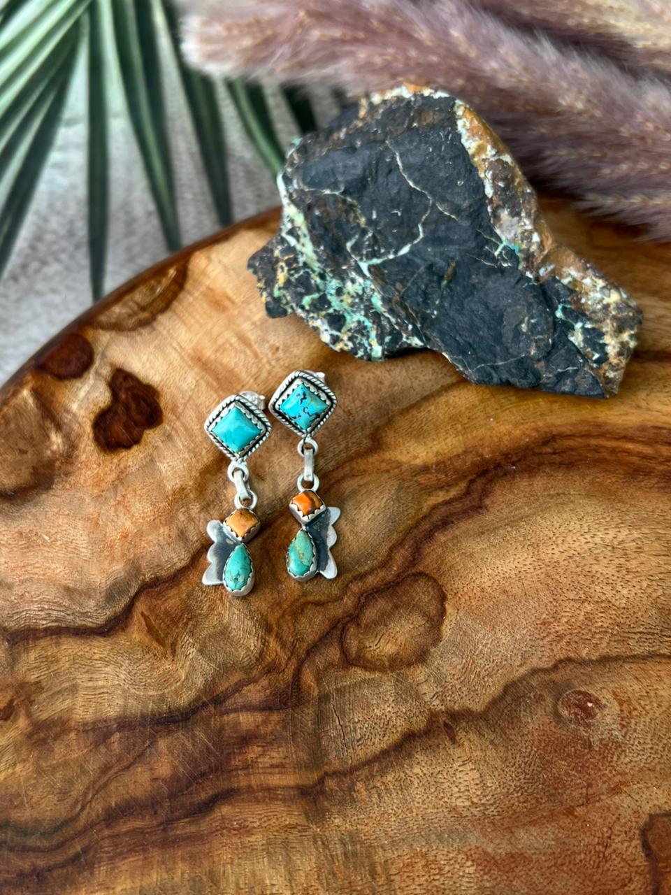 Handmade Sterling Silver Kingman Turquoise with Bumblebee Post Dangle Earrings "Signed Nizhoni"