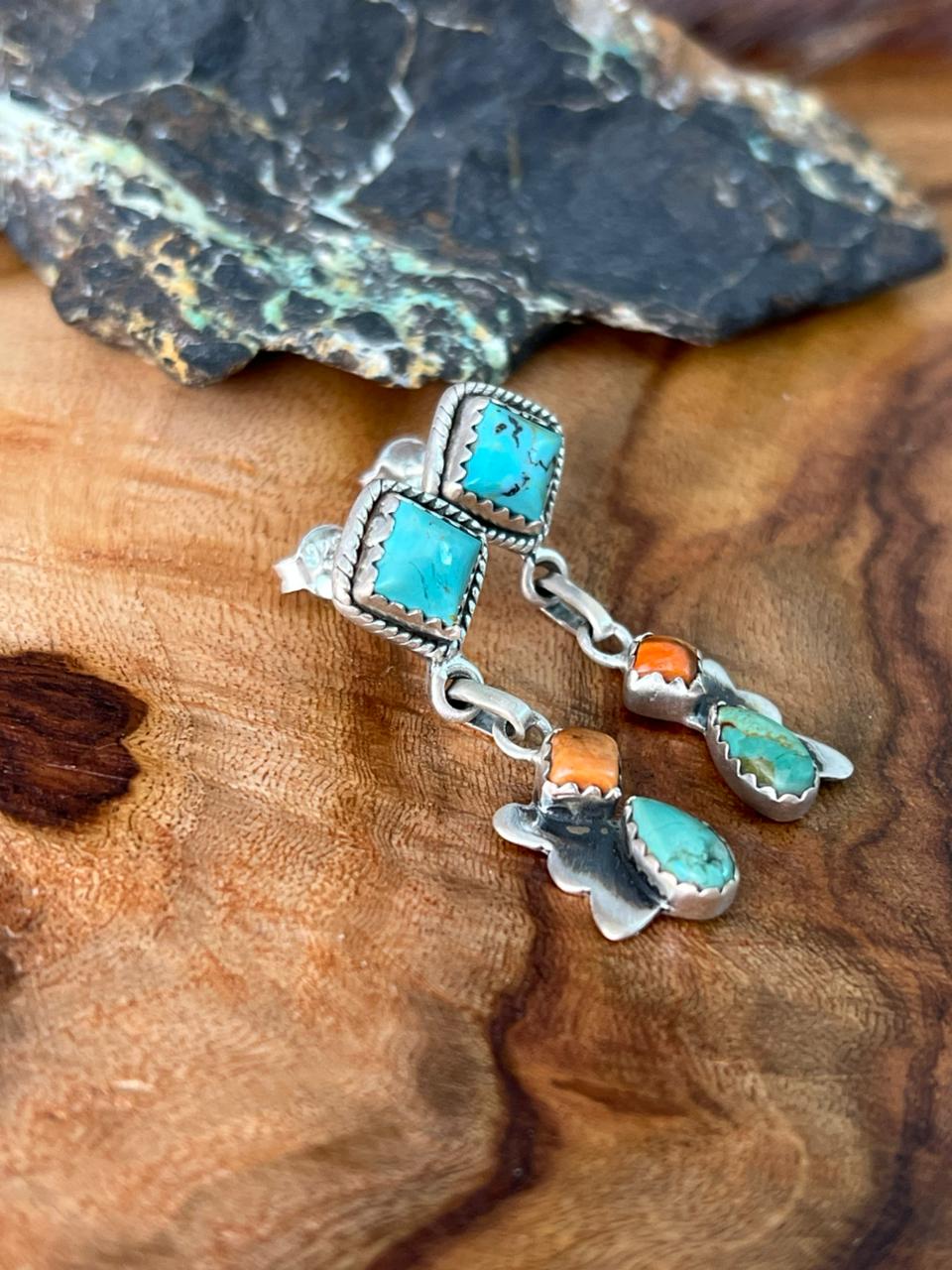 Handmade Sterling Silver Kingman Turquoise with Bumblebee Post Dangle Earrings "Signed Nizhoni"