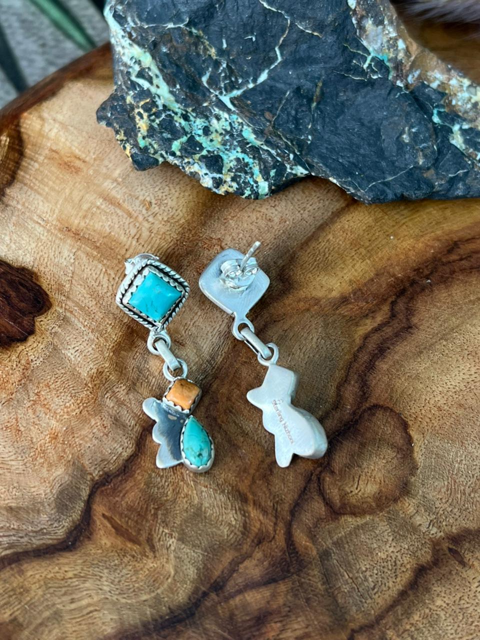 Handmade Sterling Silver Kingman Turquoise with Bumblebee Post Dangle Earrings "Signed Nizhoni"