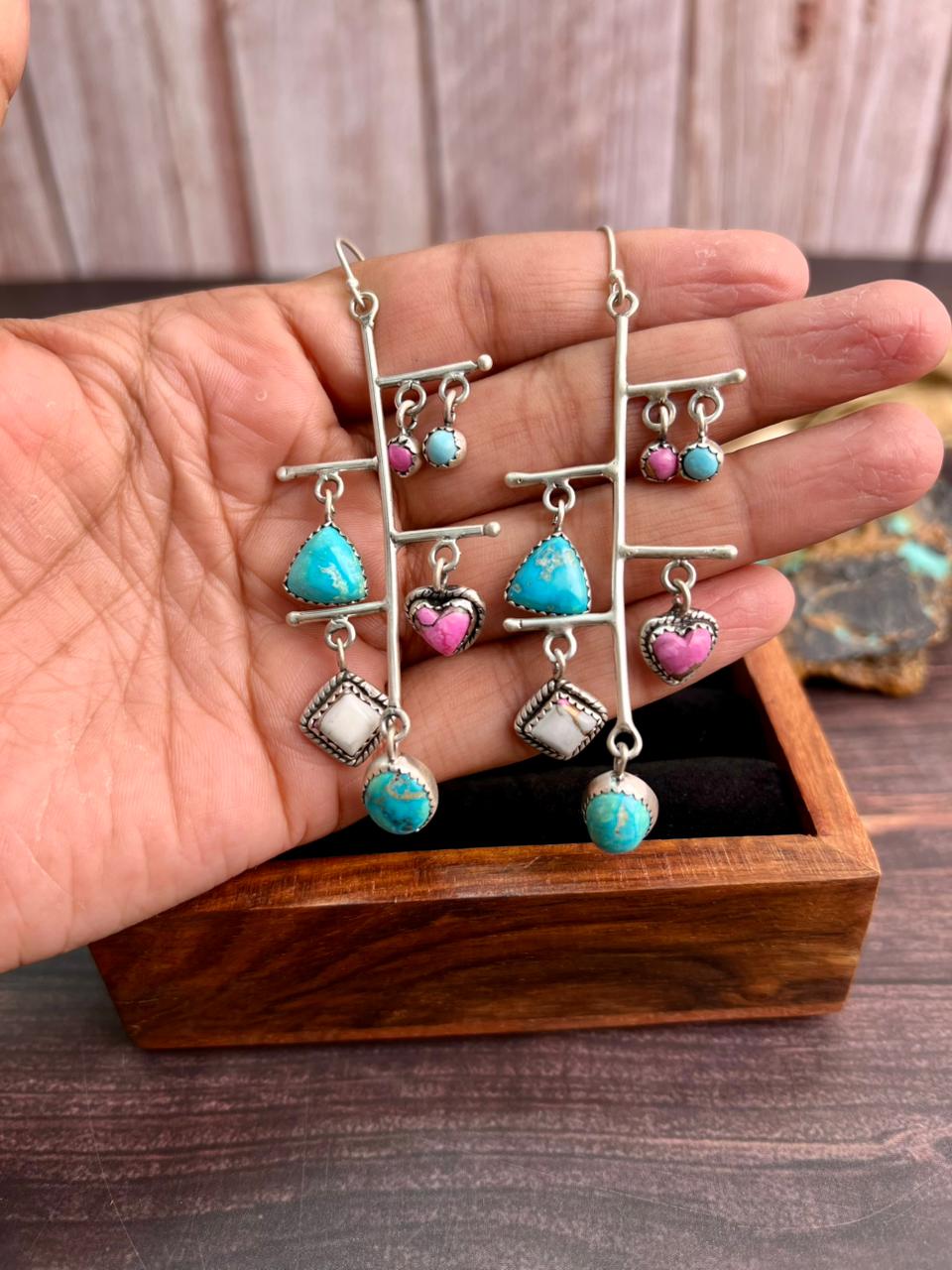 Handmade Sterling Silver Sierra Bella Turquoise with Cotton Candy Collection: Hook Dangle Earrings "Signed Nizhoni"