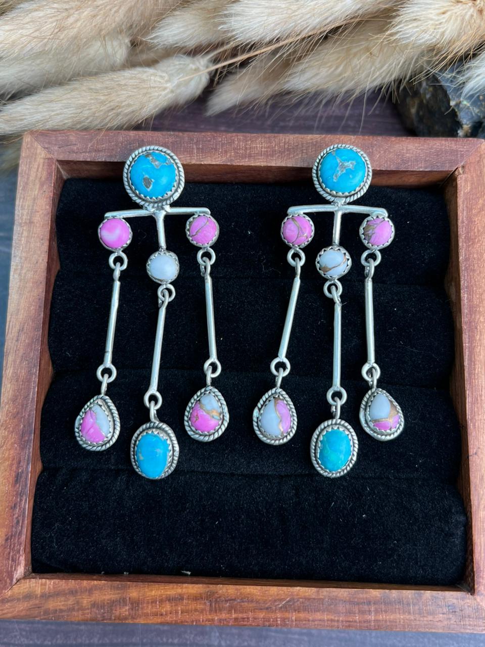 Handmade Sterling Silver Sierra Bella Turquoise with Cotton Candy Collection: Post Dangle Earrings "Signed Nizhoni"