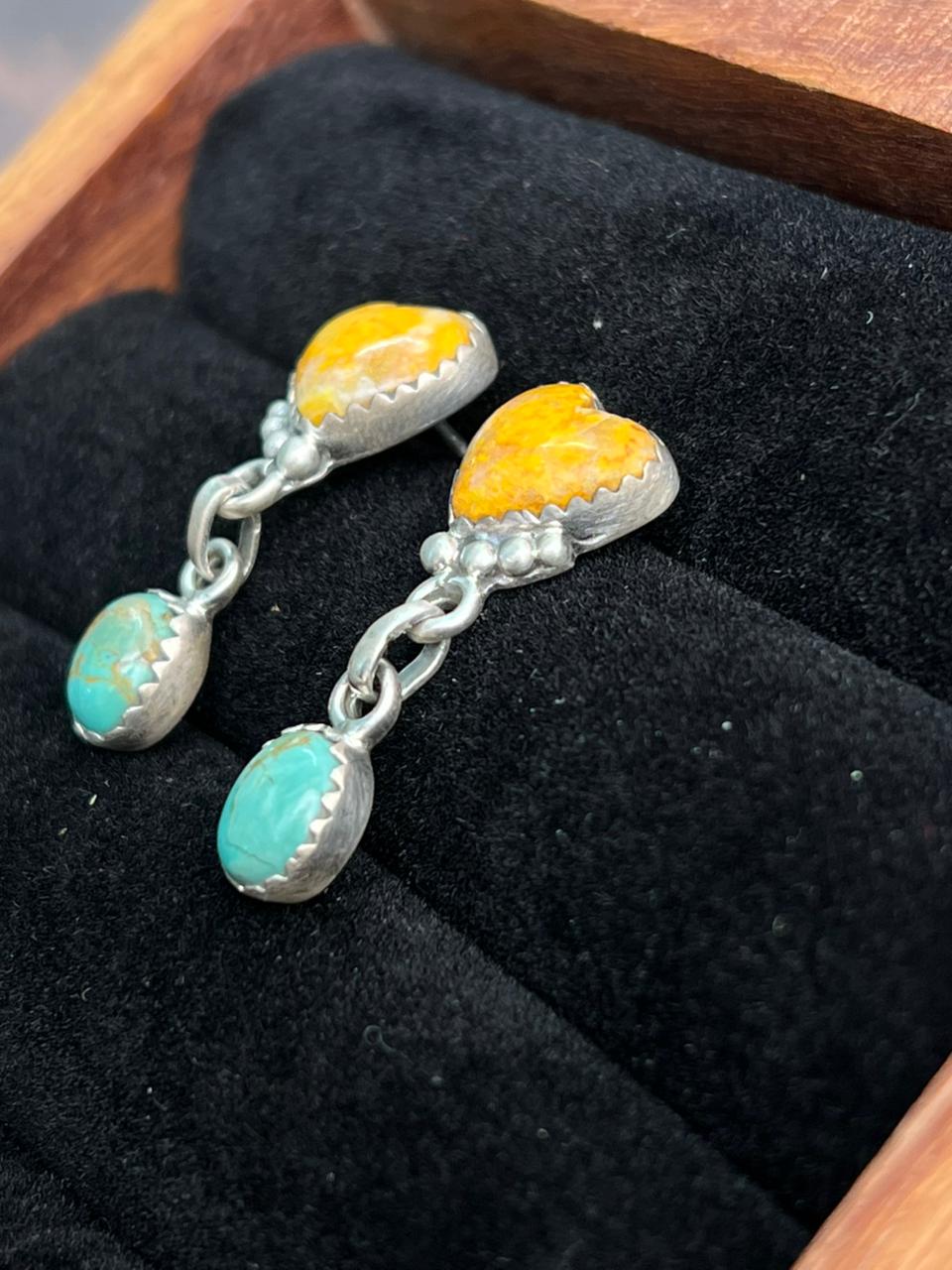 Handmade Sterling Silver Kingman Turquoise with Bumblebee Post Dangle Heart Earrings "Signed Nizhoni"